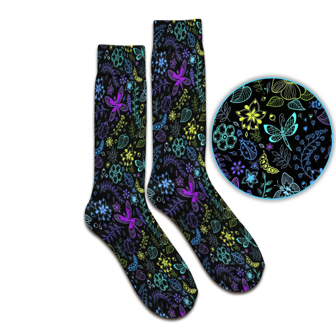 Neon Butterfly and Floral Garden Pattern Socks, Breathable Fabrics Medical Uniform