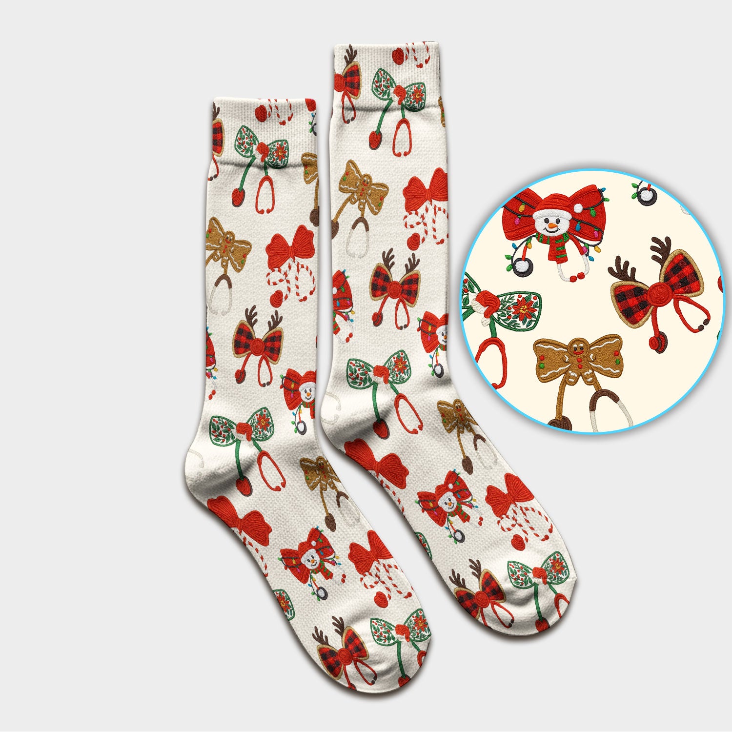 Christmas Stethoscope Bow Nurse Scrub Socks, Xmas Pattern Scrub Sock, Holiday Nursing Uniform