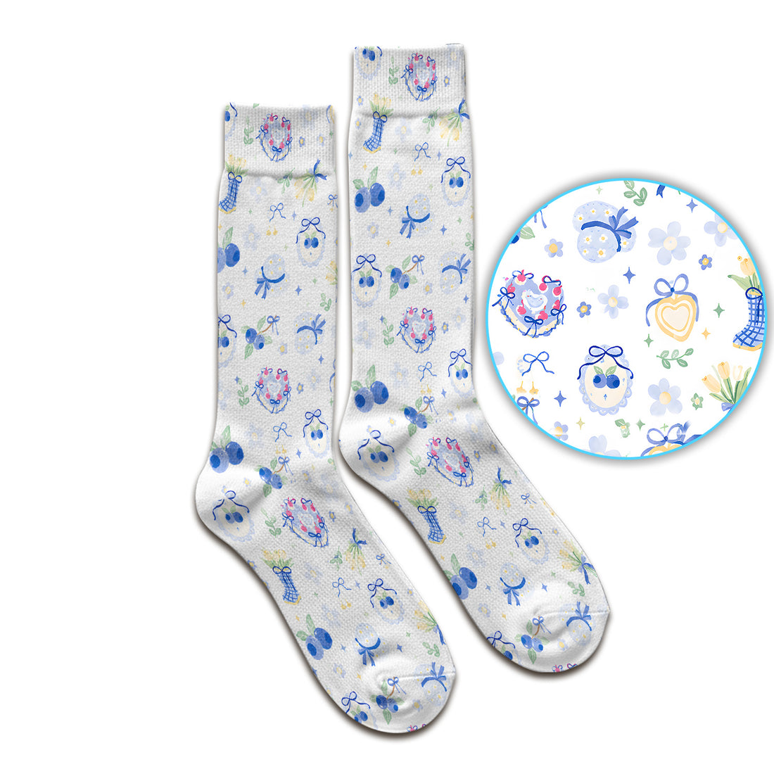 Cute Blueberry Bow Print Socks, Adult Socks for Men and Women
