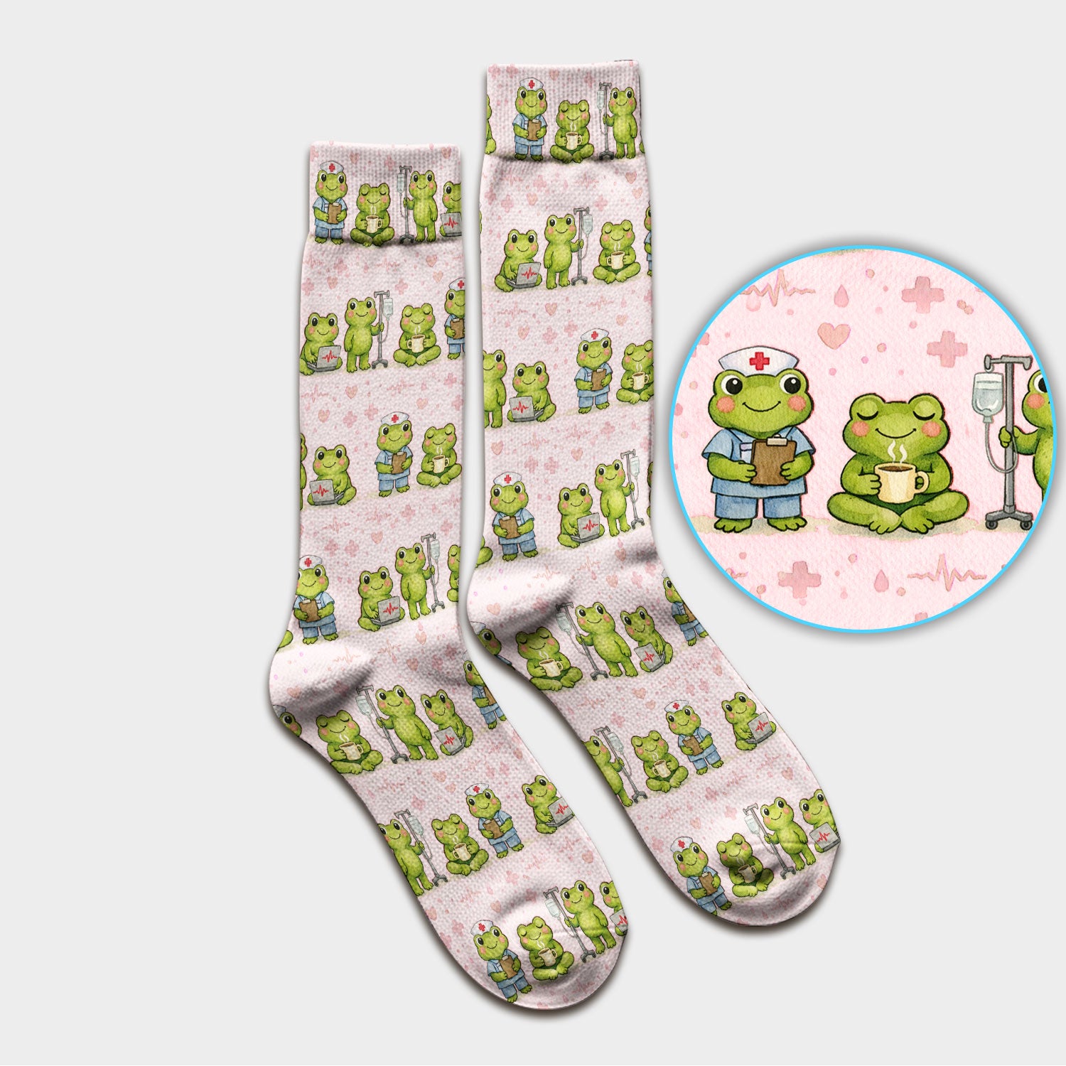Adorable Frog Nurse Various Poses Print Socks, Breathable Fabrics Medical Uniform