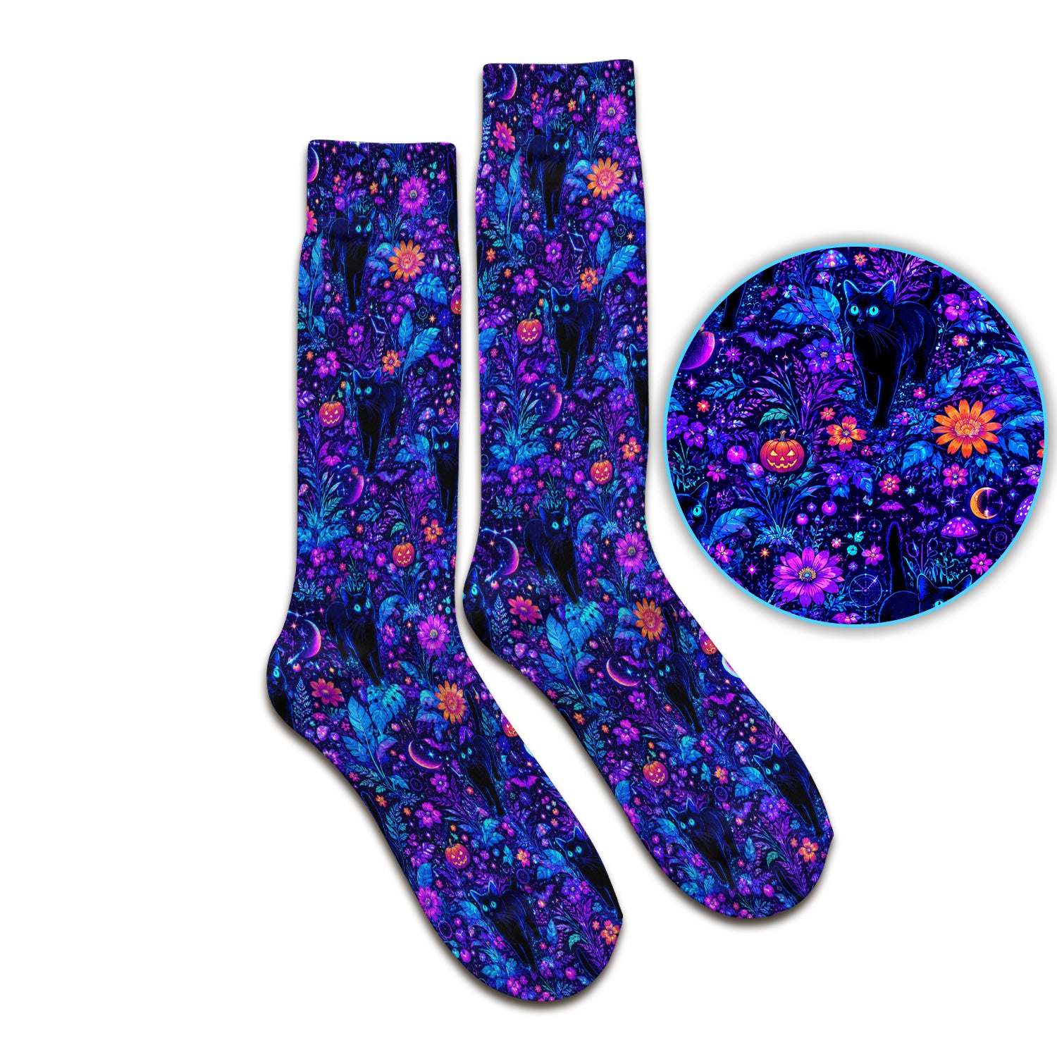 Halloween Black Cat Floral Print Socks, Adult Socks for Men and Women