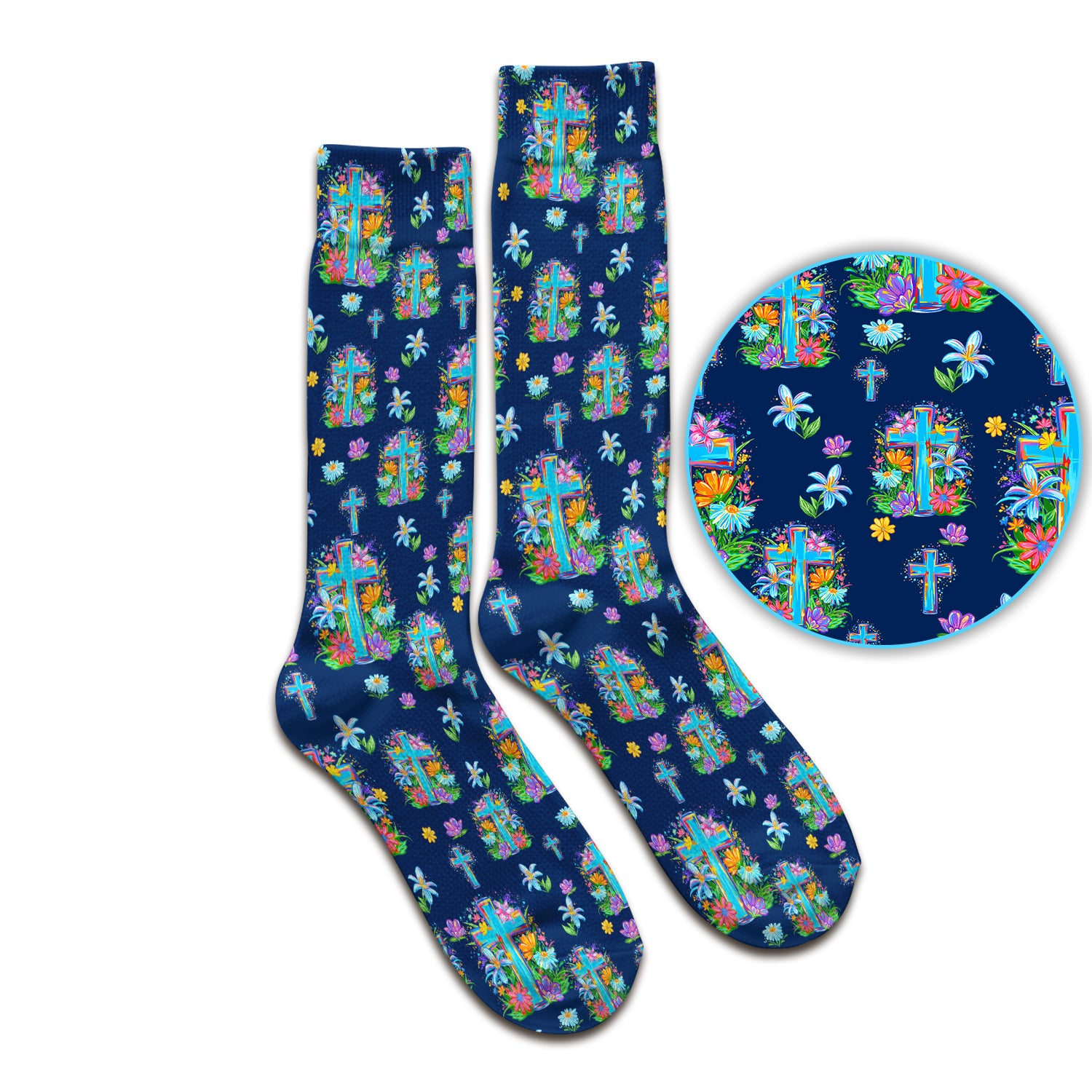 Christian Floral Cross Spring Pattern Socks, Breathable Fabrics Medical Uniform