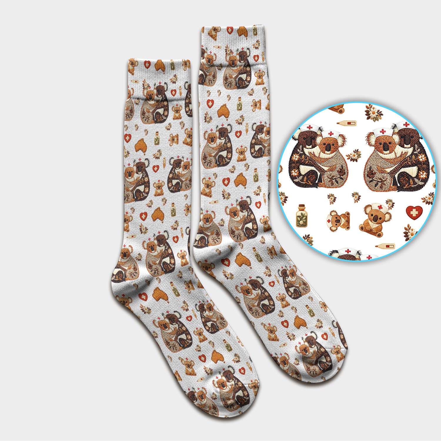 Cute Cartoon Koala Valentine Nurse Design Sock, Breathable Fabrics Medical Uniform