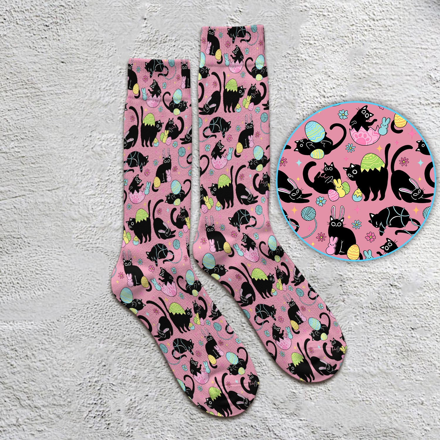 Funny Easter Black Cat Egg Pattern Print Socks, Adult Socks for Men and Women