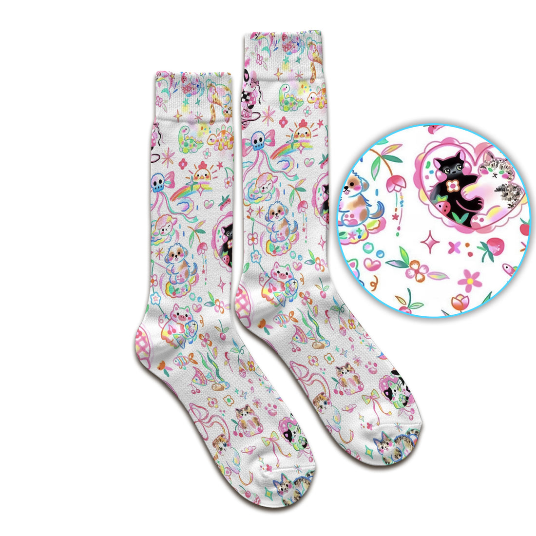 Cute Kawaii Animal Rainbow Heart Pattern Socks, Adult Socks for Men and Women