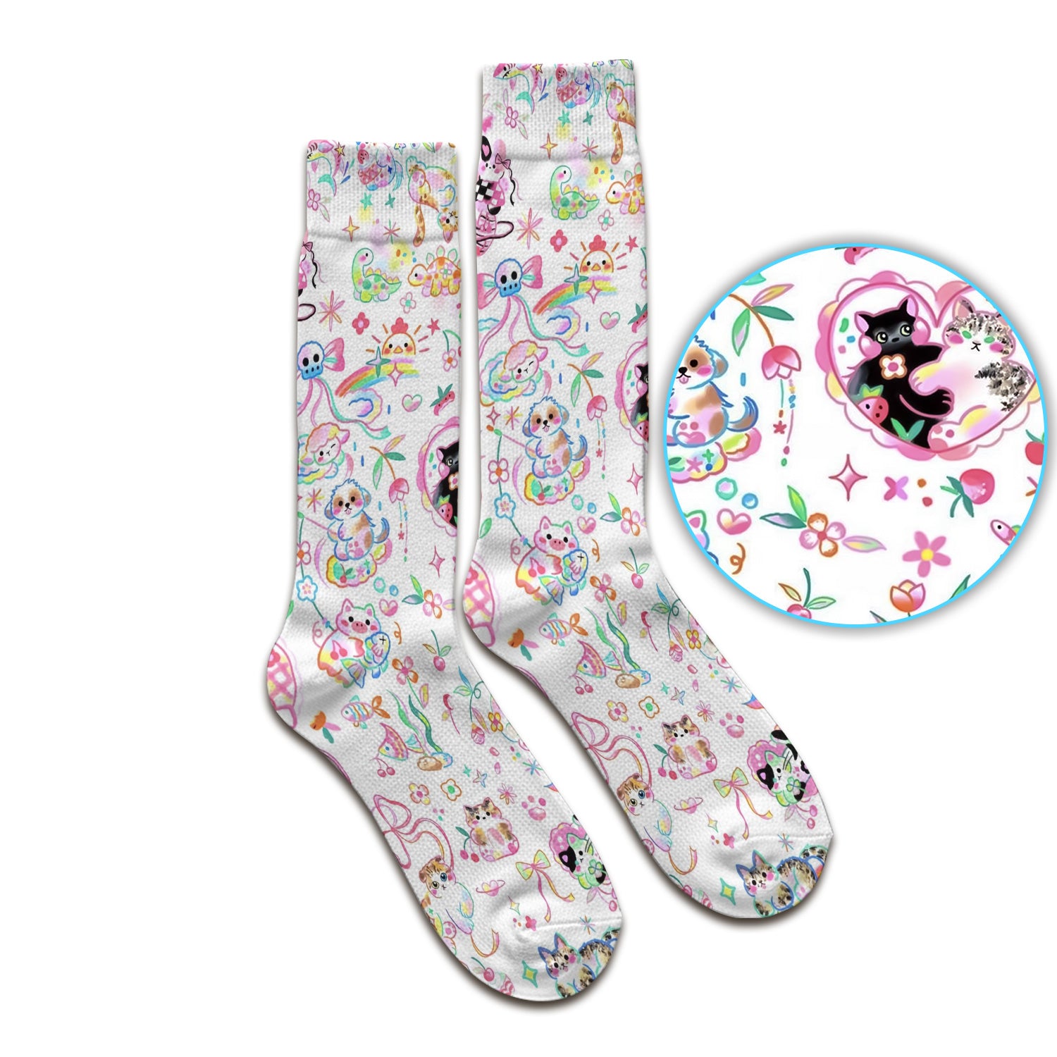 Cute Kawaii Animal Rainbow Heart Pattern Socks, Adult Socks for Men and Women