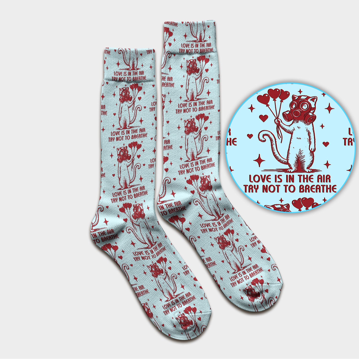 Gas Mask Cat Heart Balloon Valentine Print Socks, Adult Socks for Men and Women