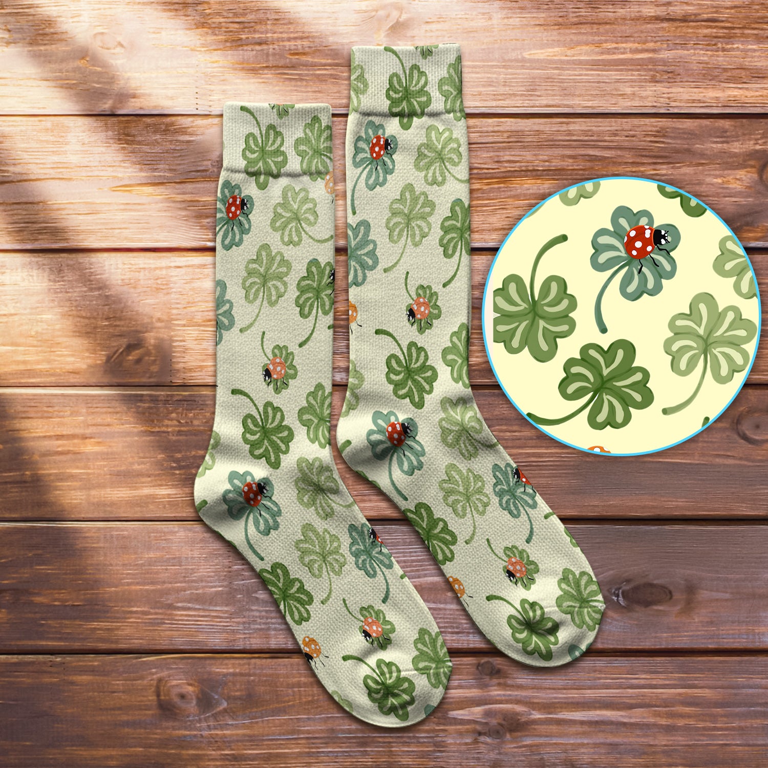 Clover and Ladybug Lucky Garden Pattern Socks, Adult Socks for Men and Women
