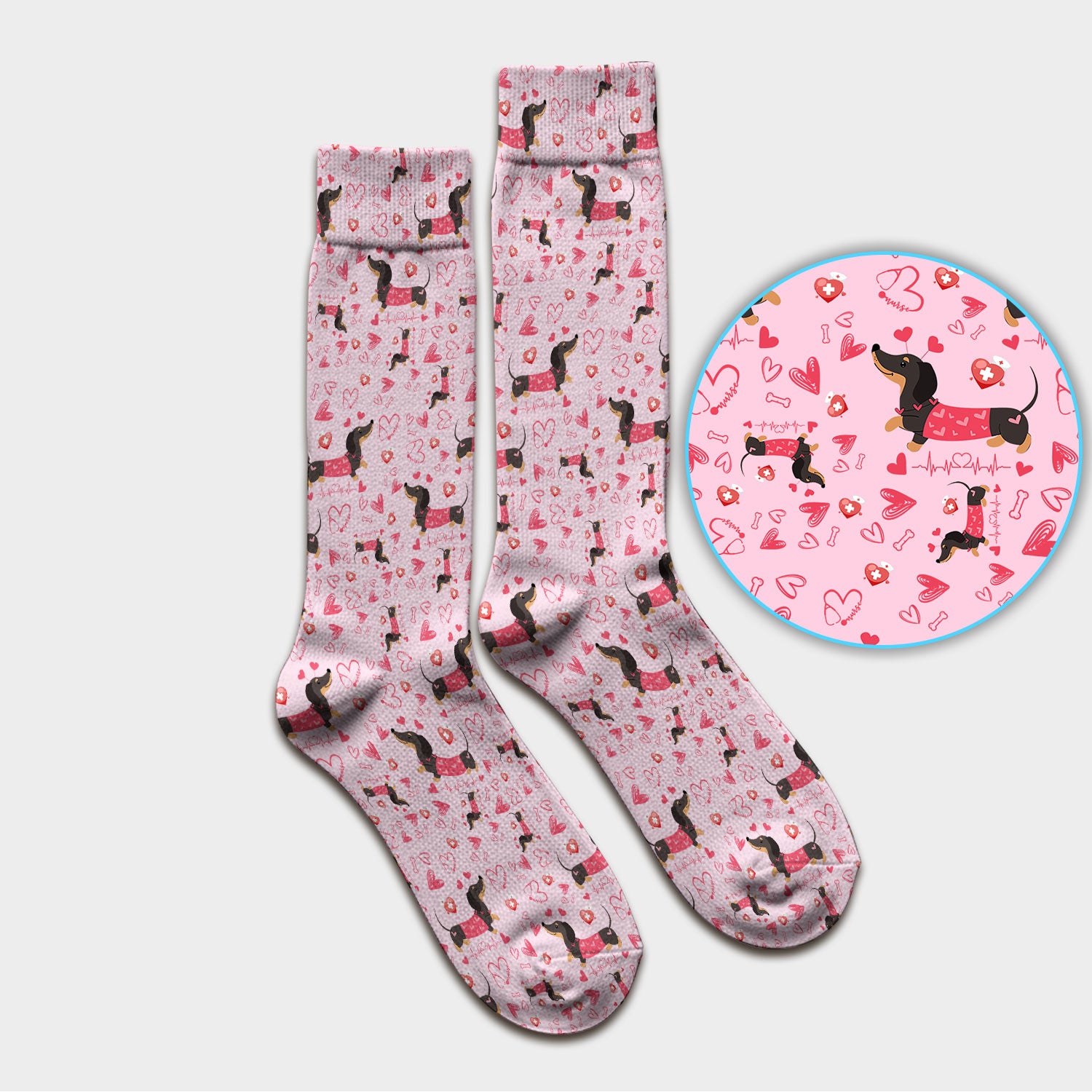 Dachshund Valentine Scrub Socks, Cute Wiener Dog Heart Pattern Nurse Sock, Breathable Fabrics Nursing Uniform