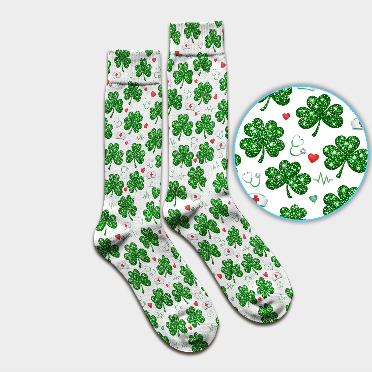 St. Patrick’s Day Nurse Scrub Socks, Green Clover Medical Pattern Sock, Breathable Fabrics Nursing Uniform