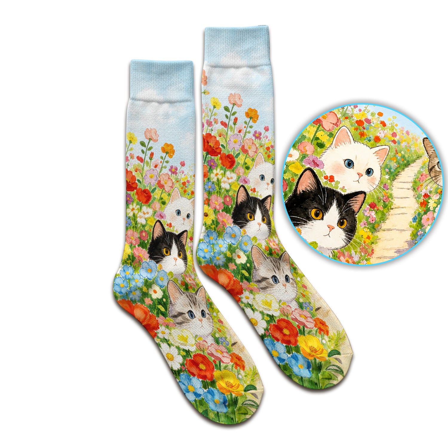 Cute Garden Cats Flower Path Pattern Socks, Adult Socks for Men and Women