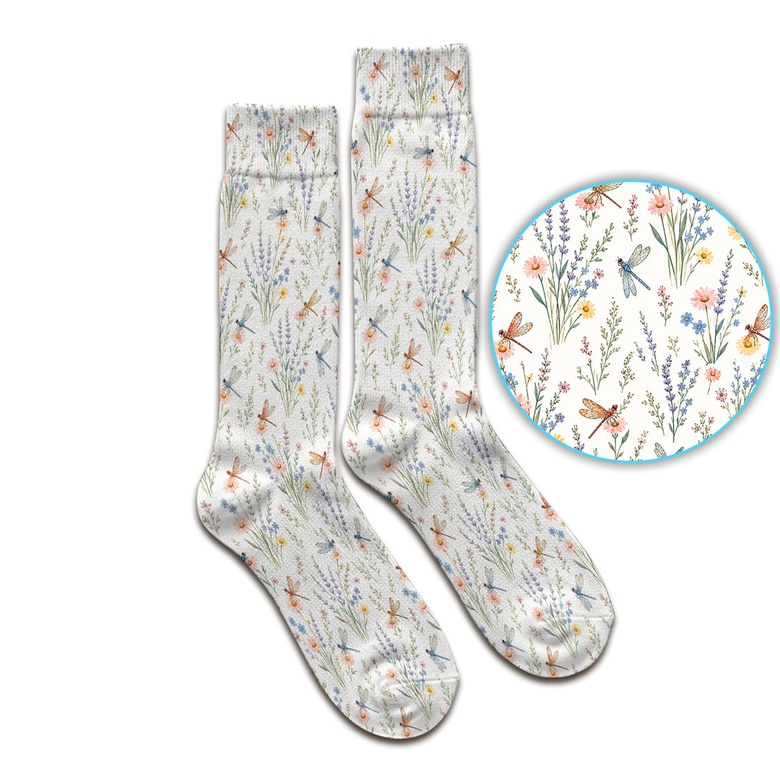 Dragonfly Wildflower Meadow Pattern Socks, Adult Socks for Men and Women
