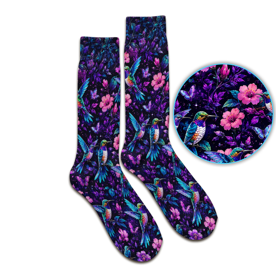 Vibrant Hummingbird Hibiscus Blossom Pattern Socks, Adult Socks for Men and Women