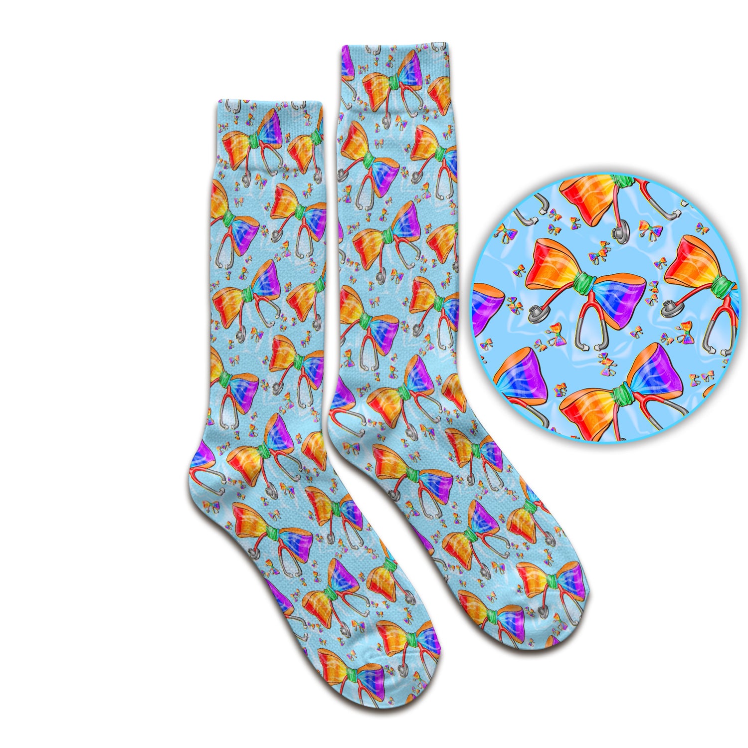 Colorful Rainbow Bow Stethoscope Pattern Socks, Breathable Fabrics Medical Uniform