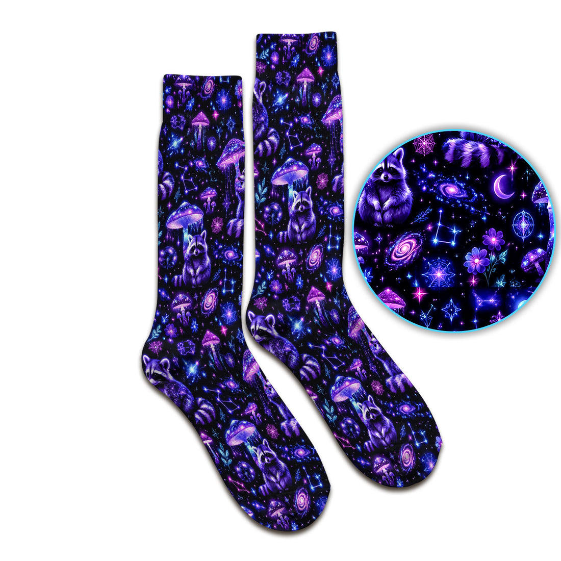 Cosmic Raccoon Mushroom Print Socks, Adult Socks for Men and Women