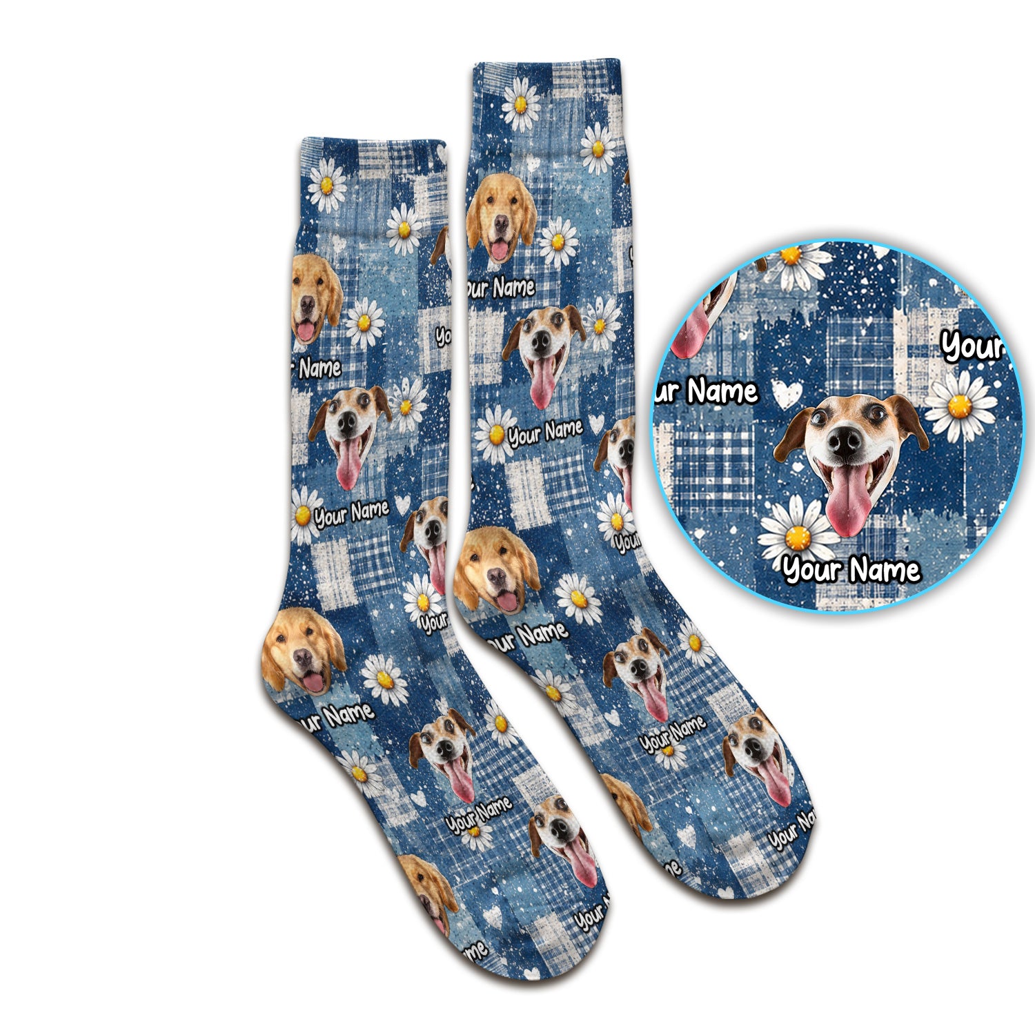 Personalized Cute Dog Portrait On Blue Patchwork Daisy Pattern Socks, Adult Socks for Men and Women