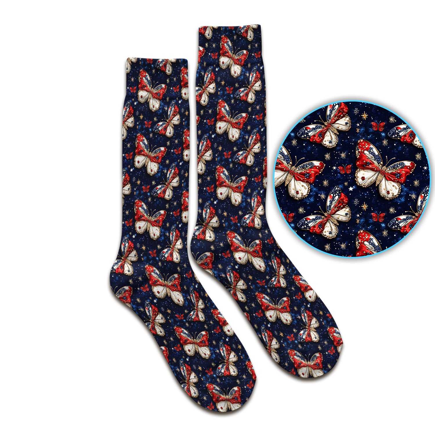 Patriotic Butterfly Nurse for RN & CNA, Americana Stars Healthcare Workers Uniform Socks, Adult Socks for Men and Women