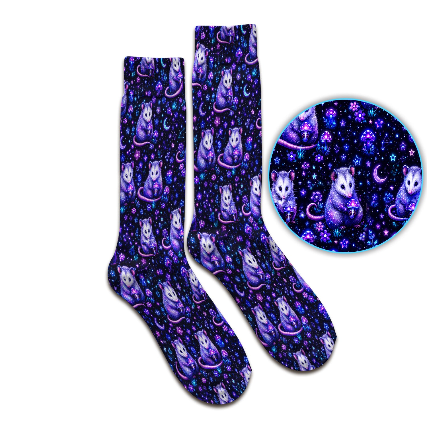 Neon Opossum Mushroom Galaxy Pattern Socks, Adult Socks for Men and Women