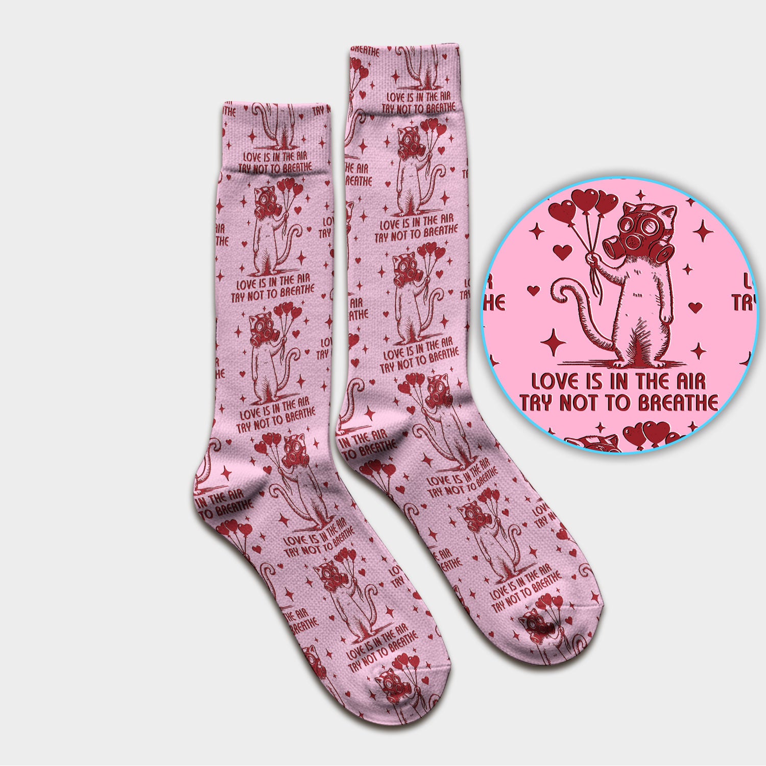 Gas Mask Cat Heart Balloon Valentine Print Socks, Adult Socks for Men and Women