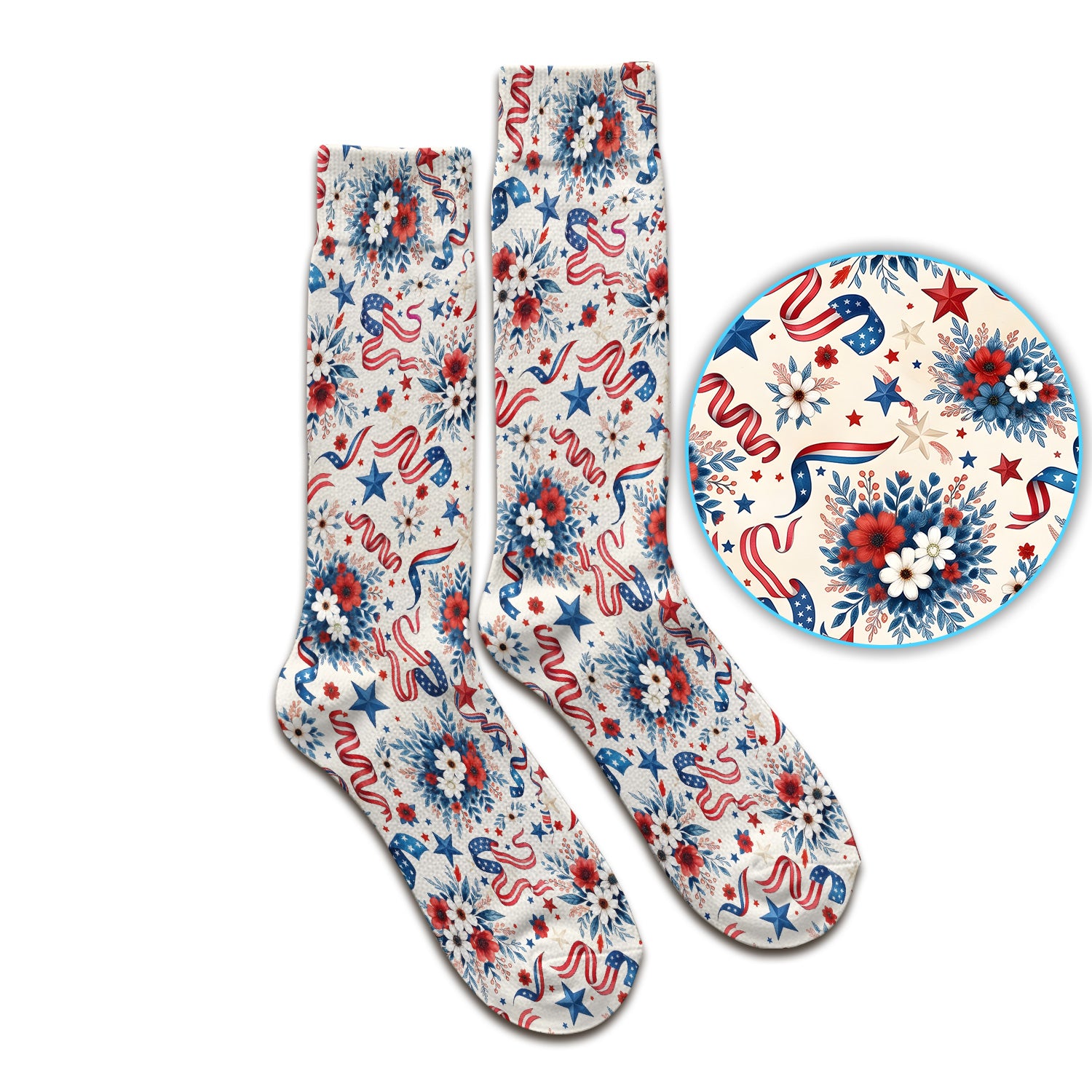 Patriotic Floral Ribbon Nurse for RN & CNA, Americana Healthcare Workers Uniform Socks, Adult Socks for Men and Women