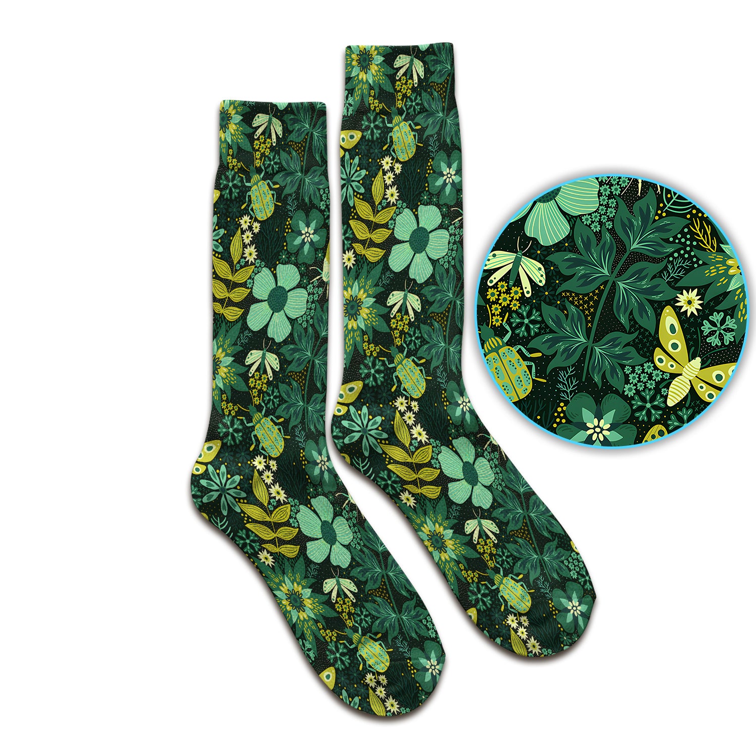 Green Botanical Butterfly Pattern Socks, Adult Socks for Men and Women