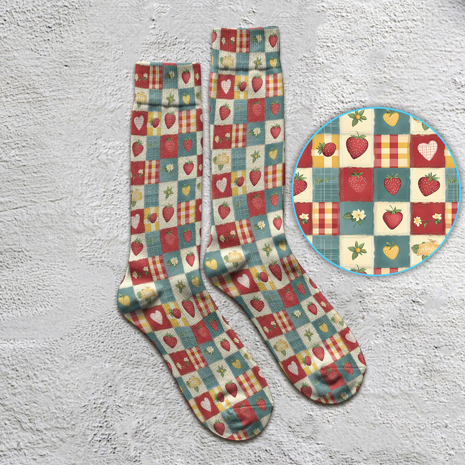 Cute Strawberry Floral Patchwork Pattern Socks, Adult Socks for Men and Women