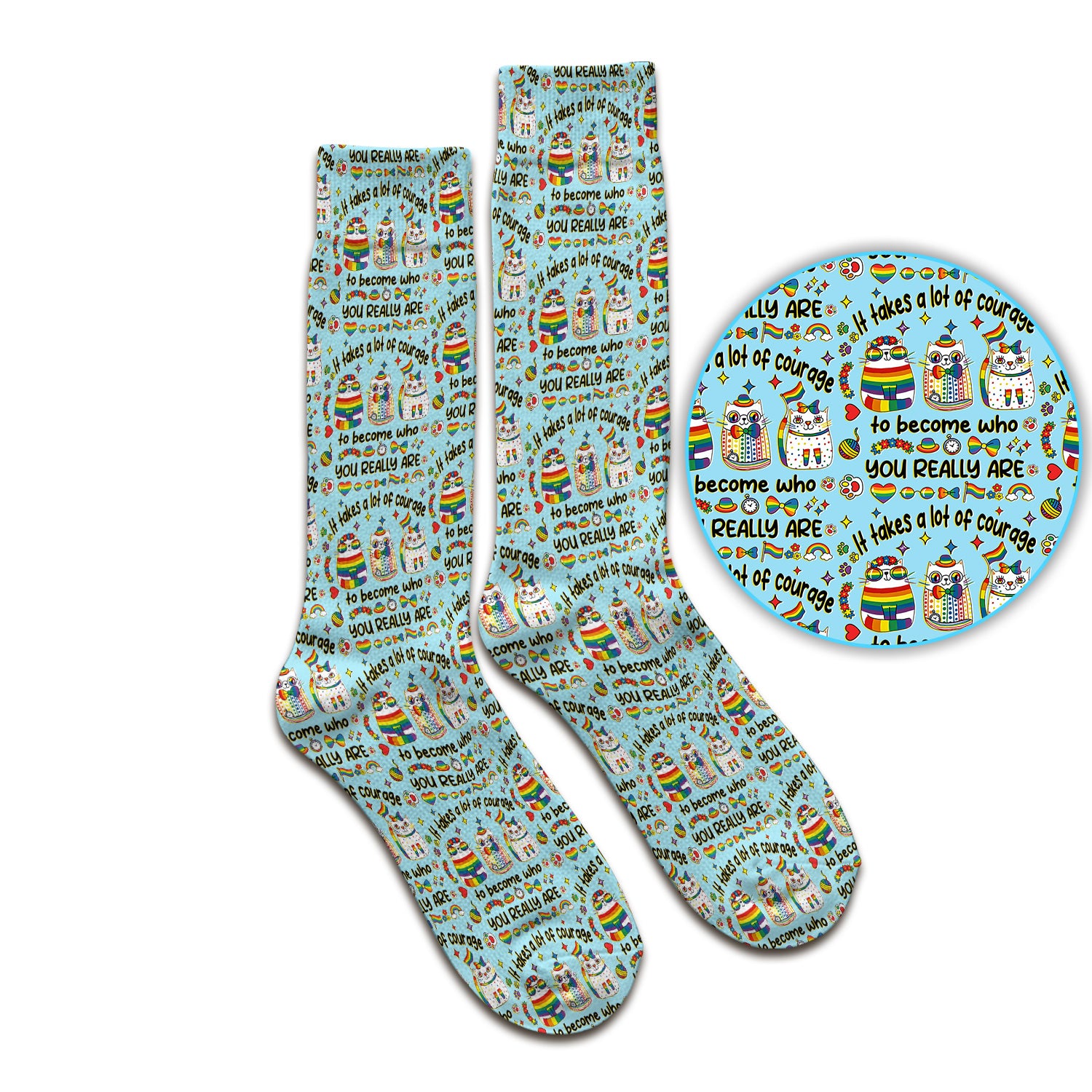 Inspirational Nurse Rainbow Cat Courage Quote Pattern Socks, Breathable Fabrics Medical Uniform