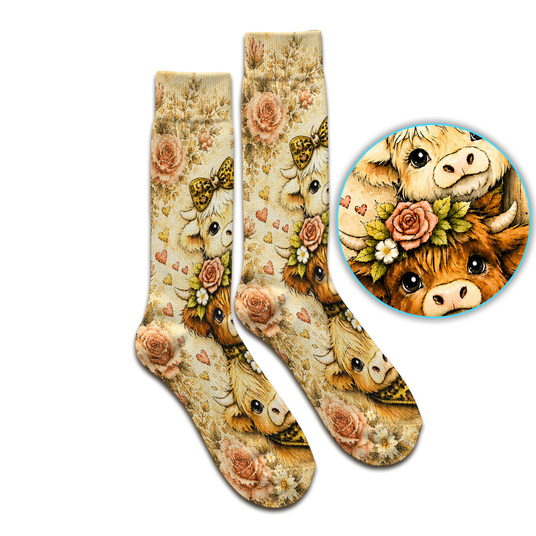 Highland Cow with Floral Farmhouse Socks, Adult Socks for Men and Women