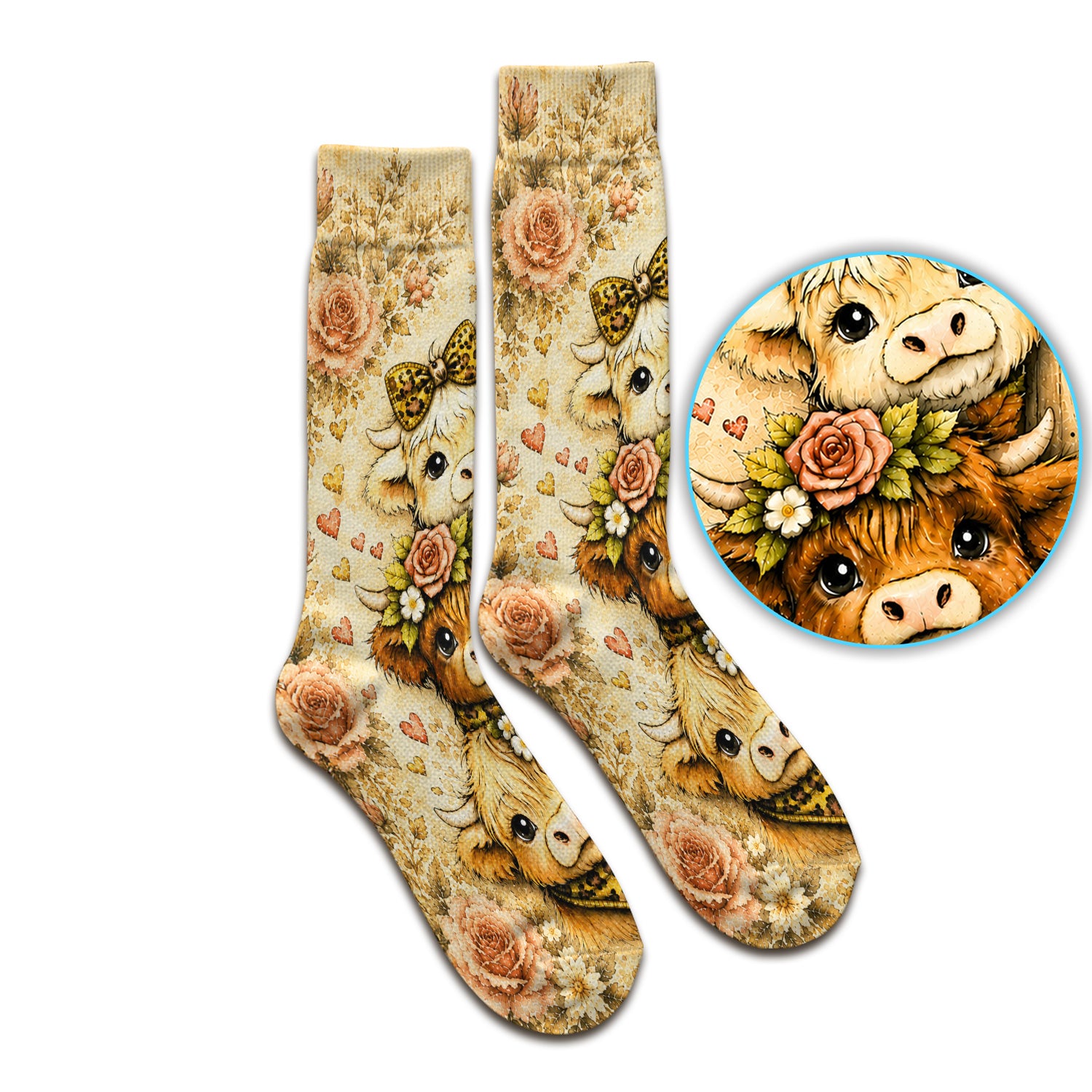 Highland Cow with Floral Farmhouse Socks, Adult Socks for Men and Women