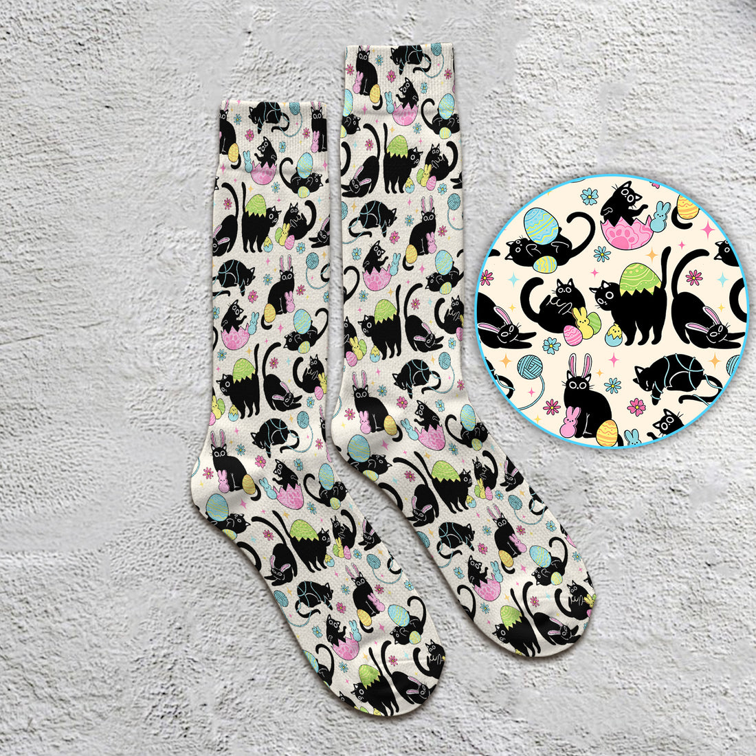 Funny Easter Black Cat Egg Pattern Print Socks, Adult Socks for Men and Women