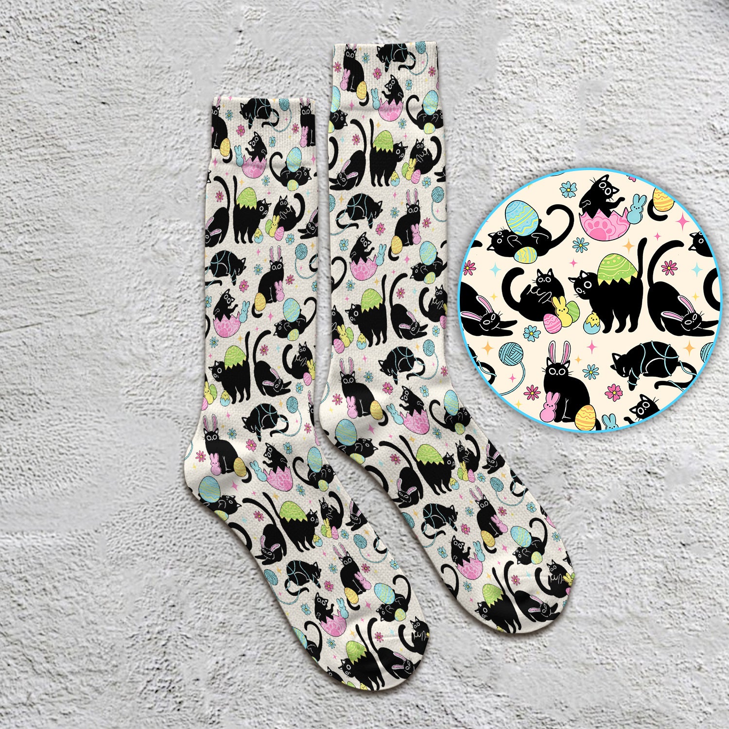Funny Easter Black Cat Egg Pattern Print Socks, Adult Socks for Men and Women