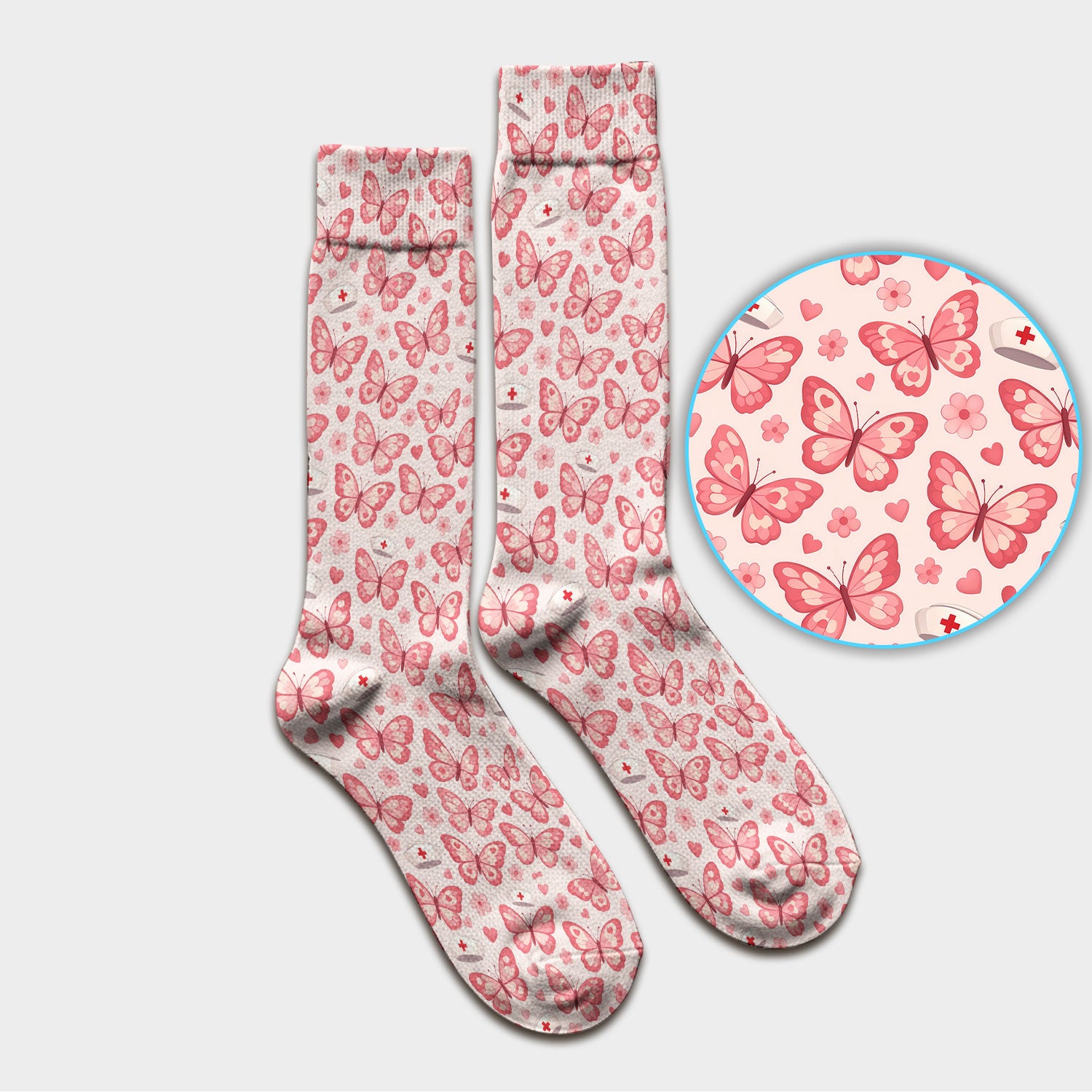 Valentine Butterfly Pattern Nurse Scrub Socks, Pink Heart Medical Sock For Women, Breathable Fabrics Nursing Uniform