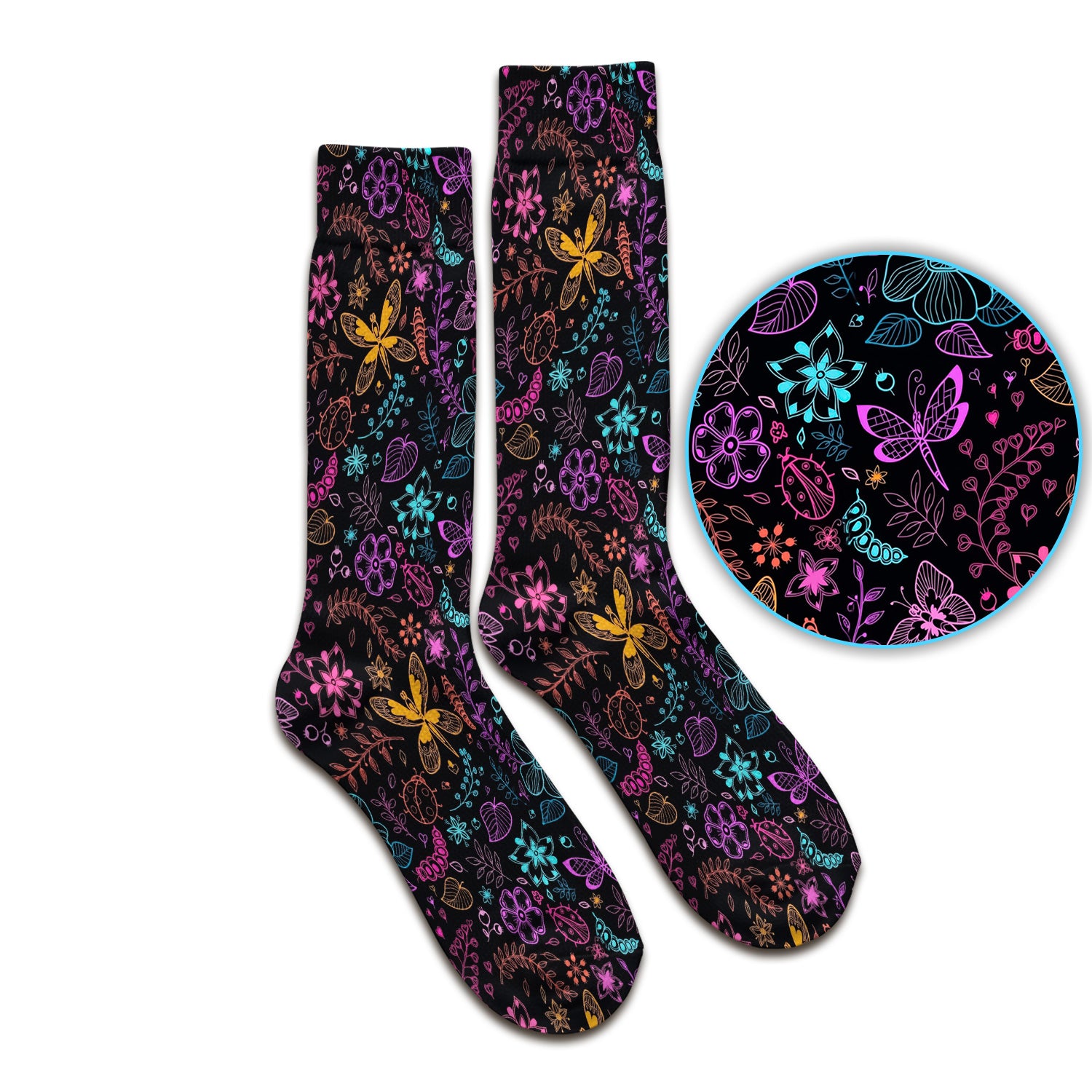 Neon Butterfly and Floral Garden Pattern Socks, Breathable Fabrics Medical Uniform