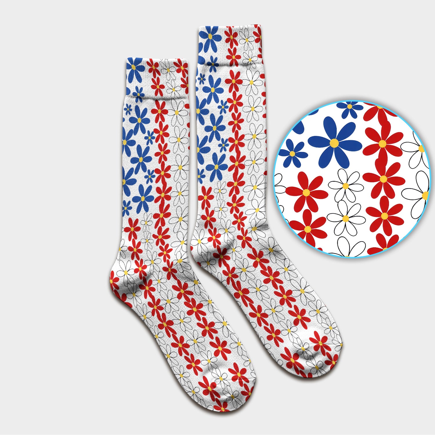 Retro Red Blue Daisy Stripe Pattern Socks, Breathable Fabrics Medical Uniform