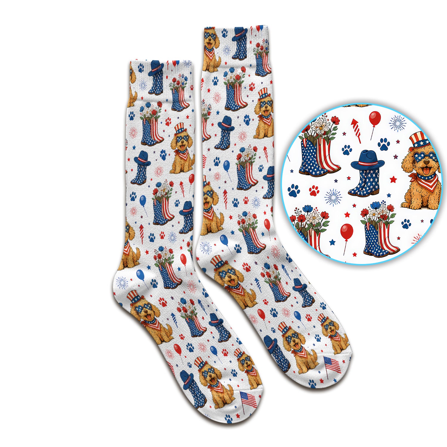 Patriotic Puppy Cowboy Boots Pattern Socks, Adult Socks for Men and Women