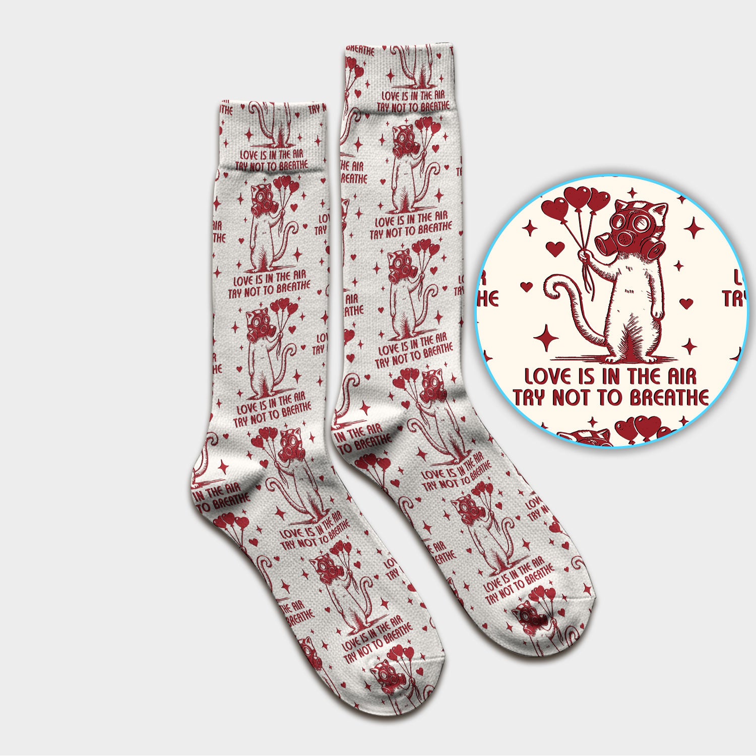Gas Mask Cat Heart Balloon Valentine Print Socks, Adult Socks for Men and Women