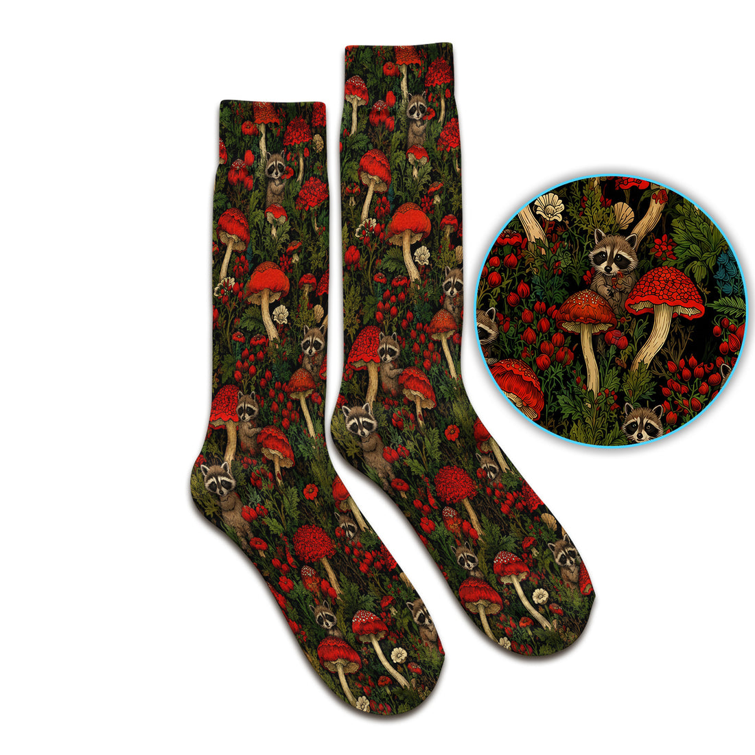 Woodland Raccoon Red Mushroom Pattern Socks, Adult Socks for Men and Women