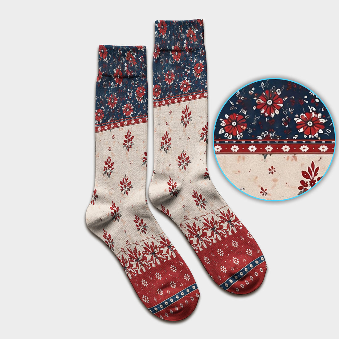 Vintage Floral Border Red Blue Pattern Socks, Adult Socks for Men and Women