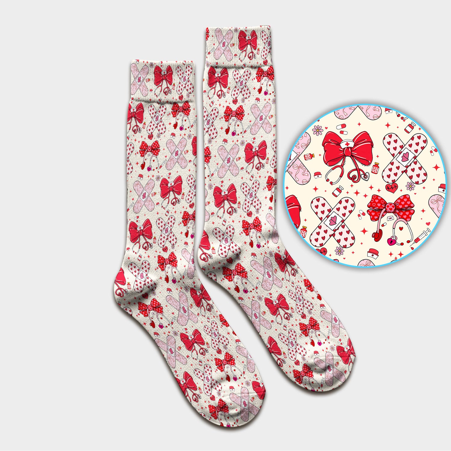 Valentine Nurse Scrub Socks, Red Bow And Heart Bandage Pattern Medical Sock, Breathable Fabrics Nursing Uniform