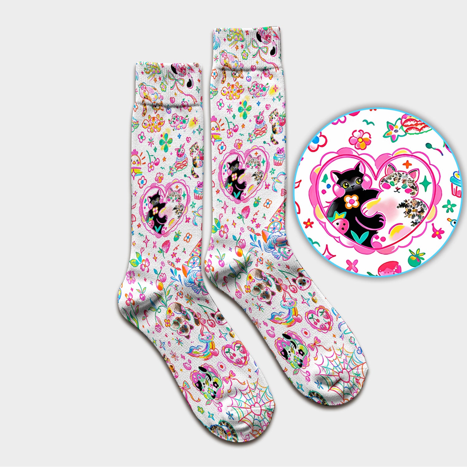 Colorful Kawaii Cat Heart Doodle Pattern Socks, Adult Socks for Men and Women