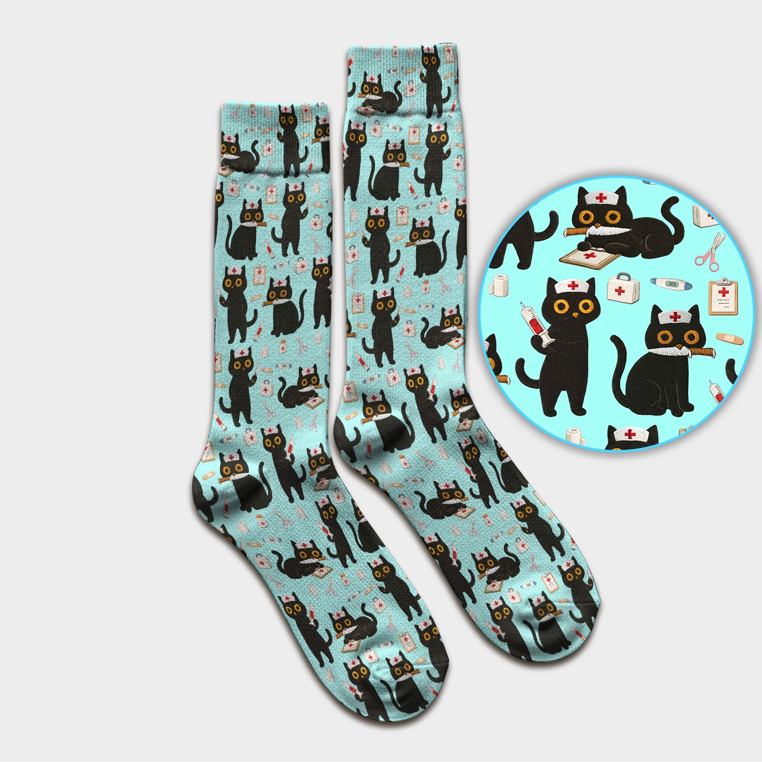 Cute Black Cat Nurse Pattern Medical Socks, Breathable Fabrics Medical Uniform