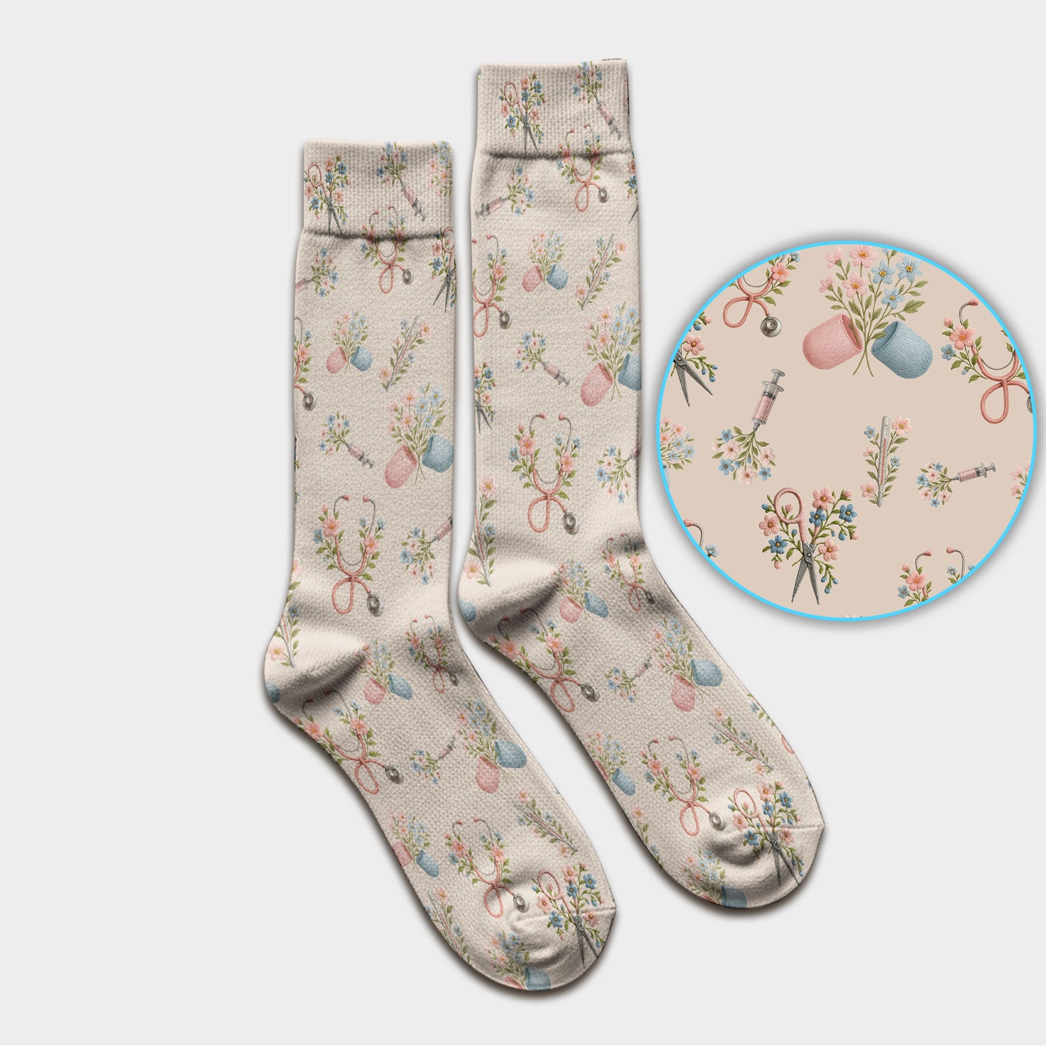Floral Medical Scrub Socks, Elegant Stethoscope With Flower Nursing Sock, Breathable Fabrics Nurse Uniform