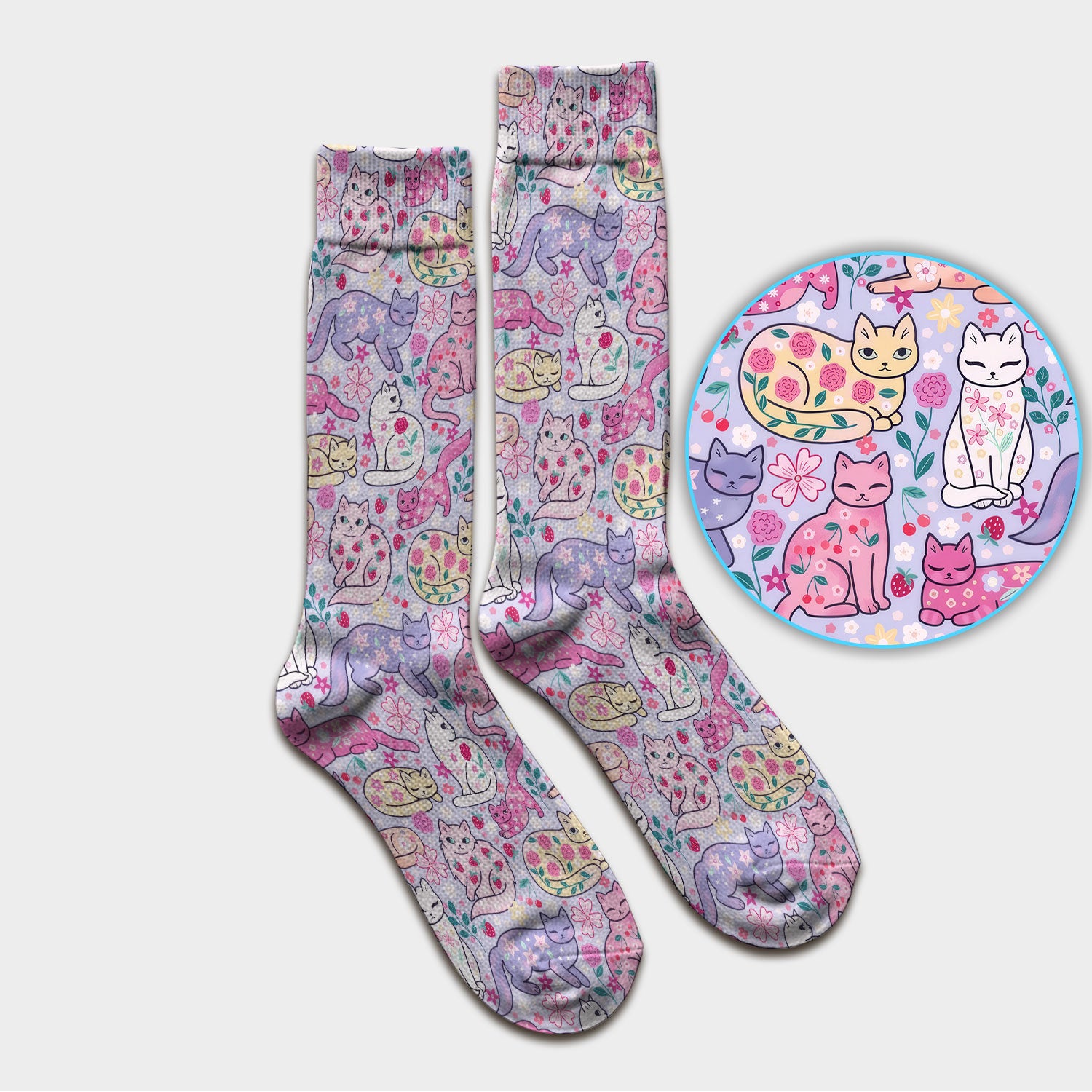 Funny Colorful Pastel Cats Floral Strawberry Print Socks, Breathable Fabrics Medical Uniform
