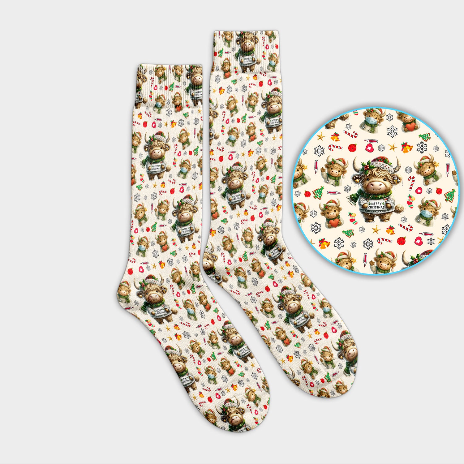 Highland Cow Christmas Socks, Funny Holiday Cow Pattern Nurse Socks, Cozy Medical Crew Socks, Perfect Christmas Gift For Nursing