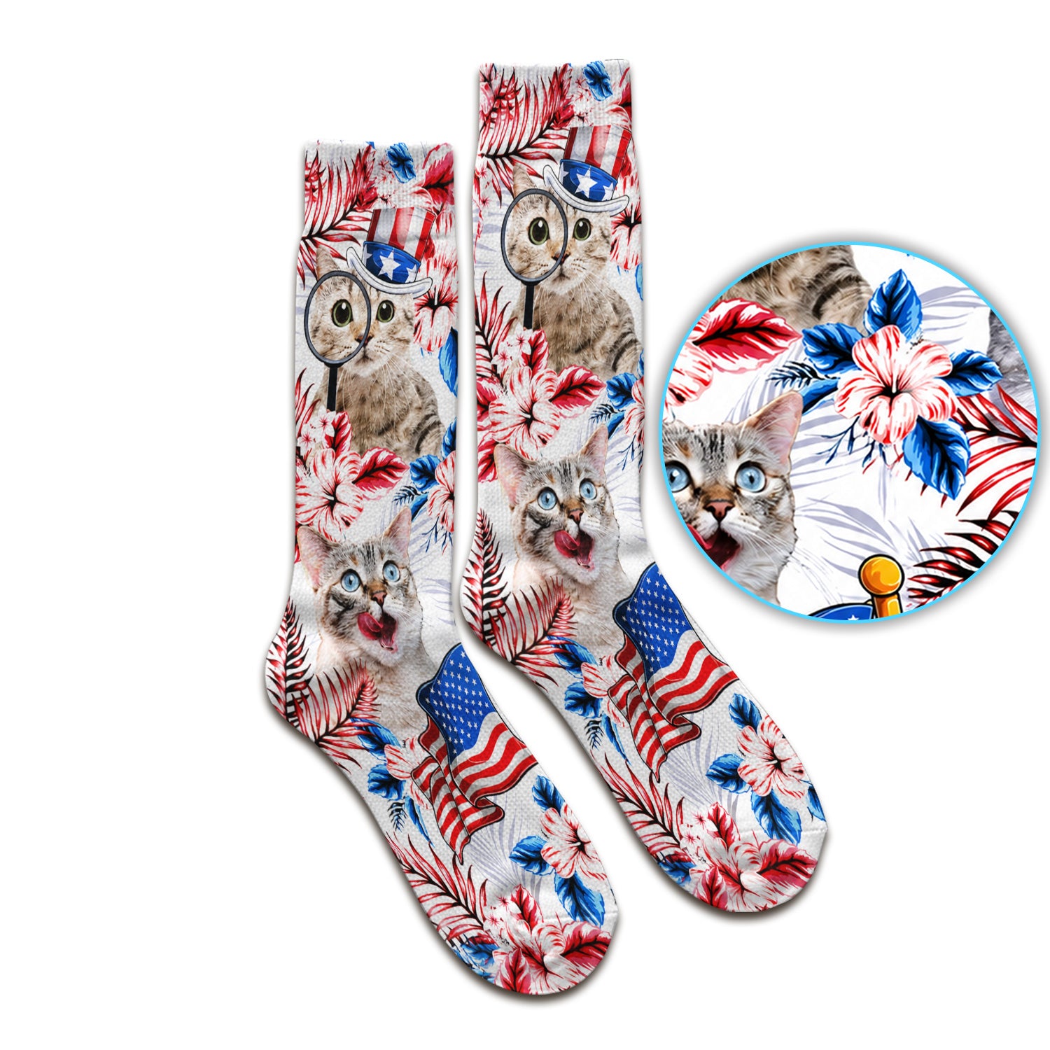 Patriotic Cat with USA Flag Socks, Adult Socks for Men and Women