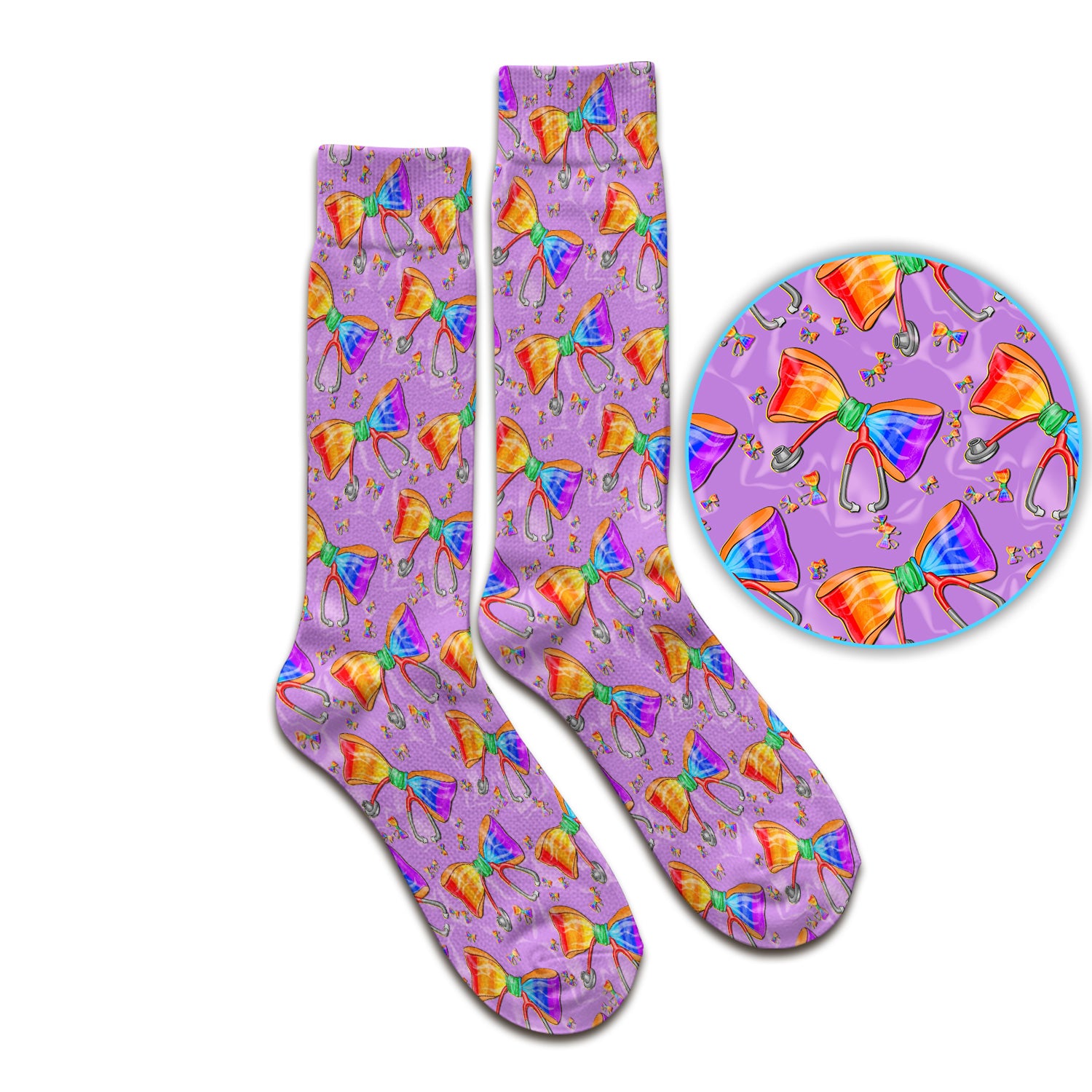 Colorful Rainbow Bow Stethoscope Pattern Socks, Breathable Fabrics Medical Uniform