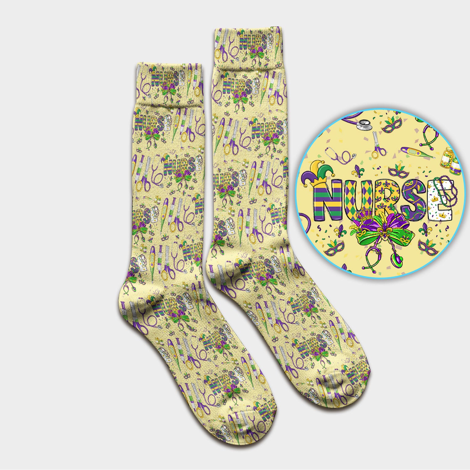 Mardi Gras Nurse Scrub Socks, Holiday Medical Pattern Nurse Sock, Breathable Fabrics Nursing Uniform