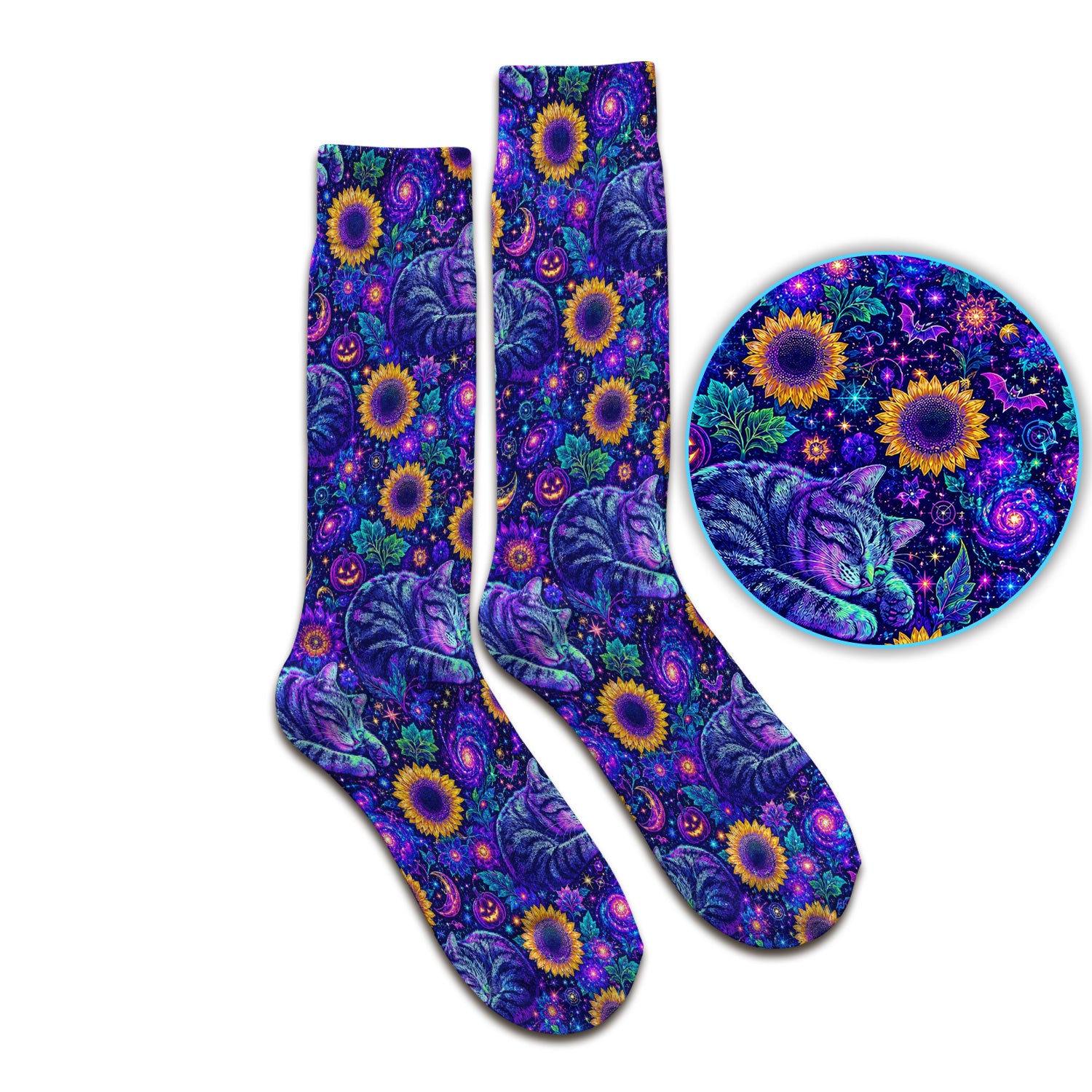 Spooky Galaxy Cat And Sunflowers Socks, Adult Socks for Men and Women