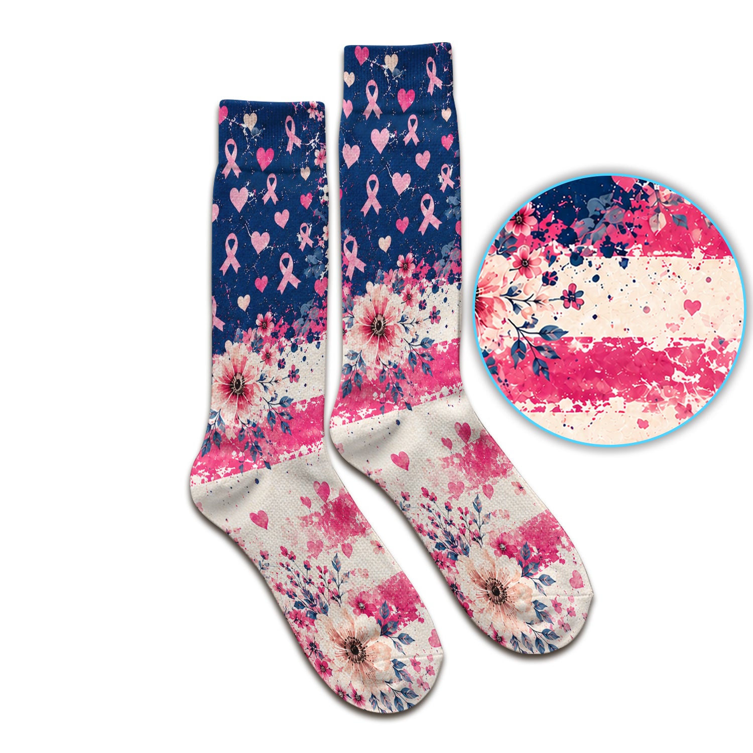 Breast Cancer Floral Flag Socks, Adult Socks for Men and Women