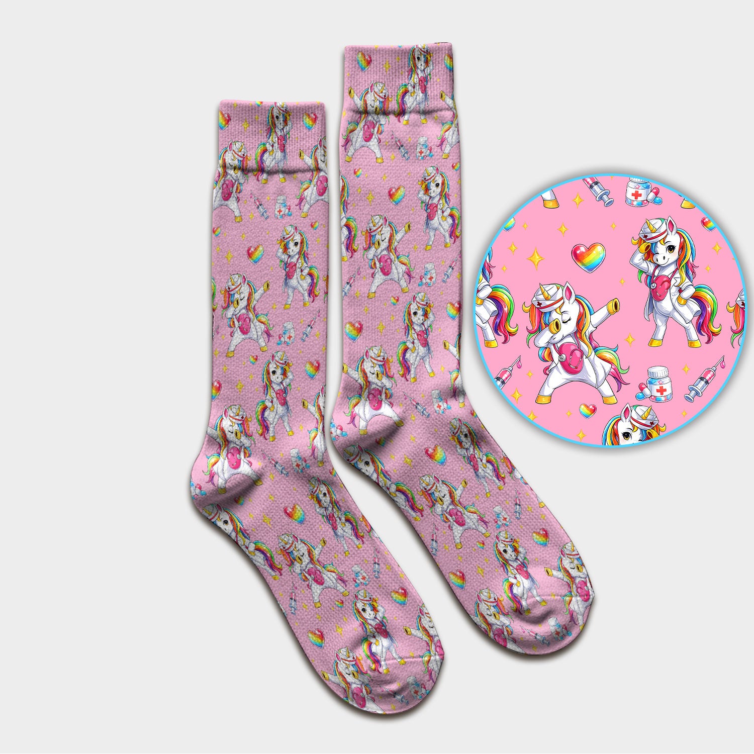 Playful Nurse Unicorn Rainbow Pattern Medical Socks, Socks for Nurse Doctor